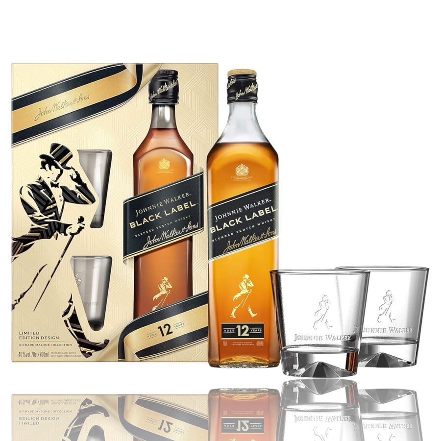 Johnnie Walker Black Label 12 Years Old Blended Scotch Whisky  Gift Box Including Two Tumblers